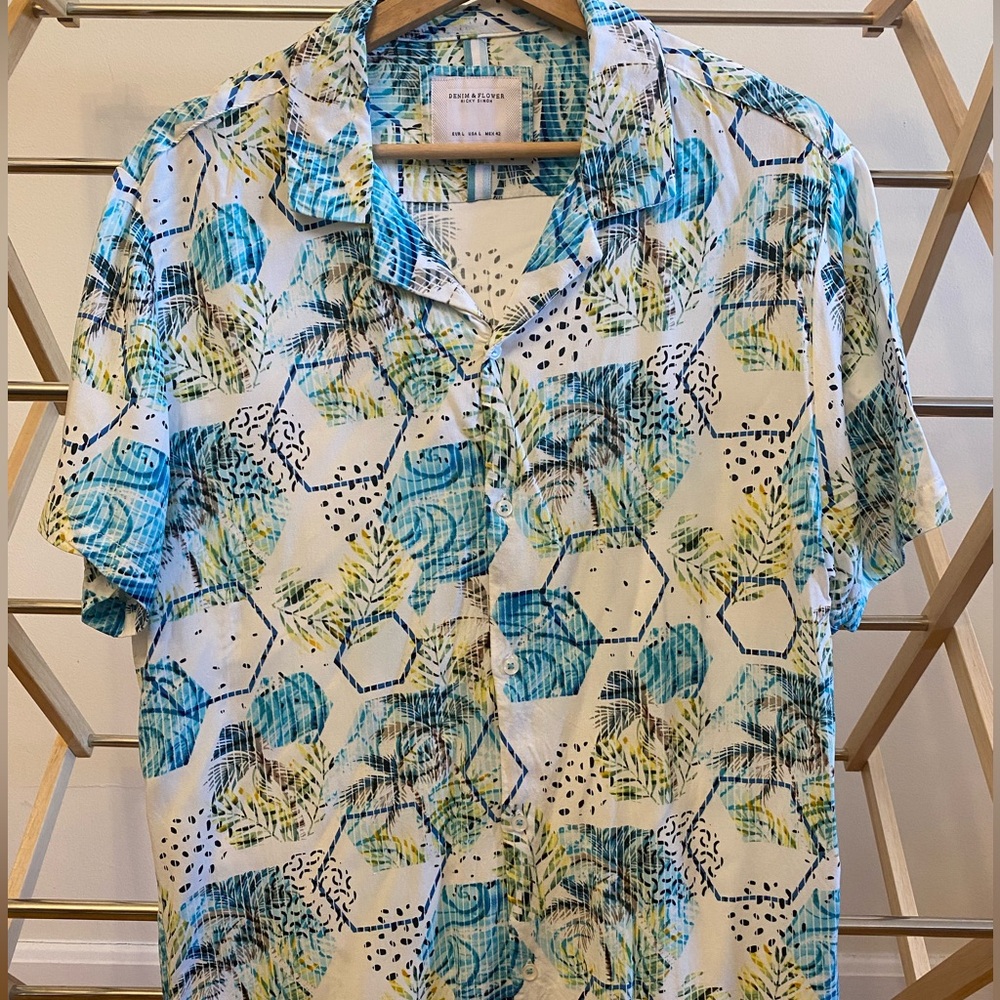Denim & Flower Tropical Print Short-Sleeve Shirt - Blue, Green, White